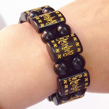 Tibetan Rectangular Six True Words Mantra Om Mani Padme Hum Obsidian Beads Bracelet