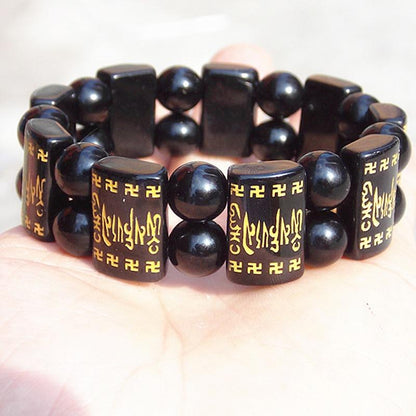 Tibetan Rectangular Six True Words Mantra Om Mani Padme Hum Obsidian Beads Bracelet