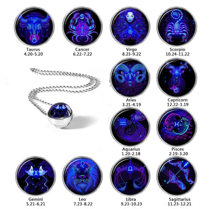 Zodiac Constellation Double Sided Glass Pendant Necklace