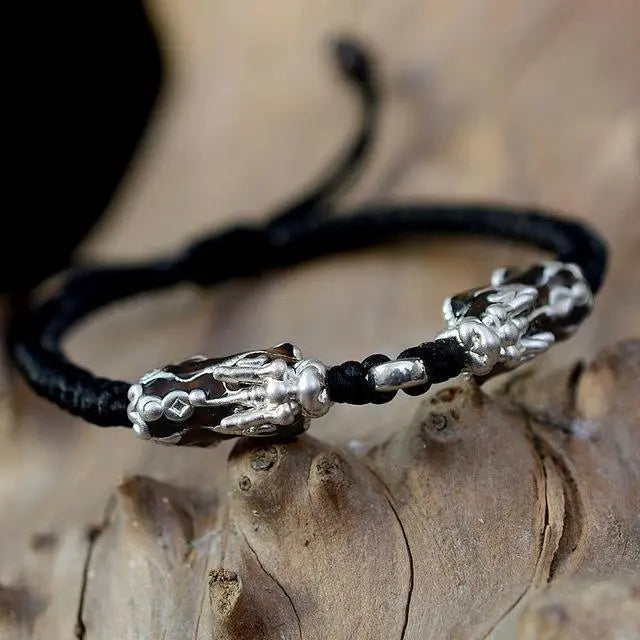 Sterling Silver Thermochromic Pixiu Lucky Buddhist Rope Bracelet