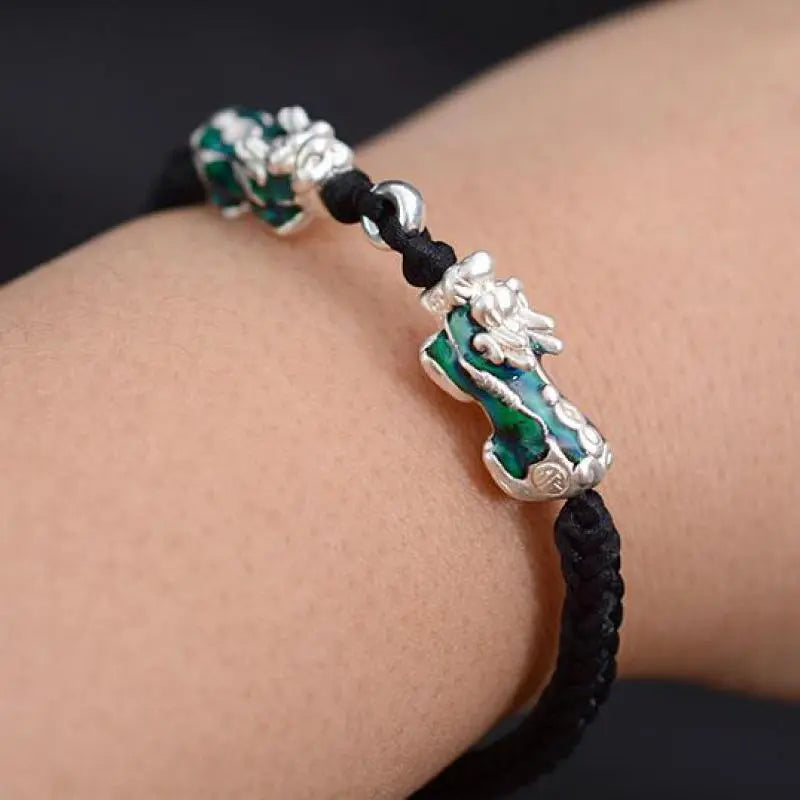 Sterling Silver Thermochromic Pixiu Lucky Buddhist Rope Bracelet