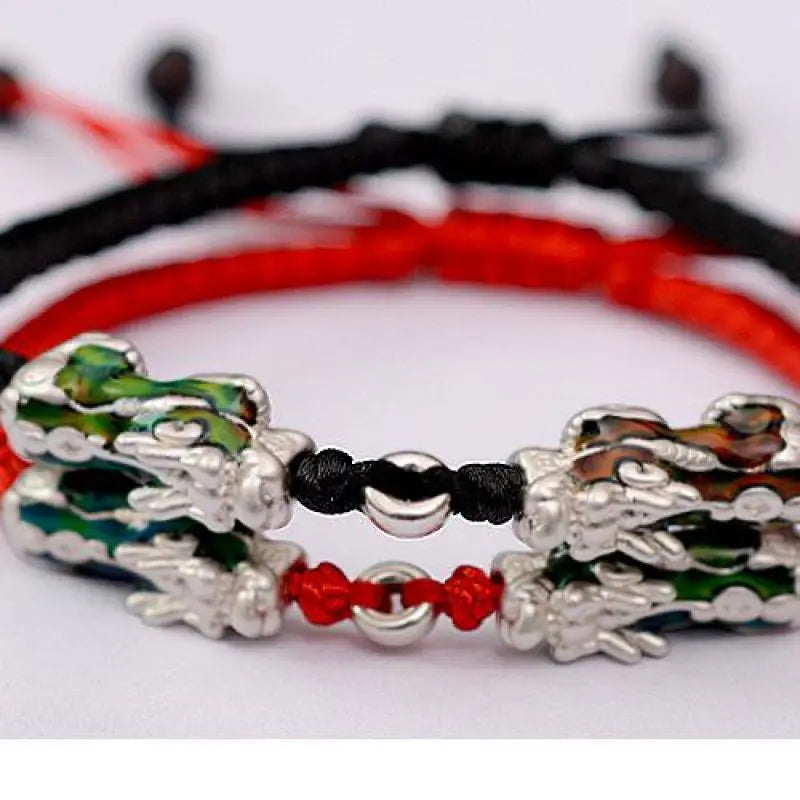 Sterling Silver Thermochromic Pixiu Lucky Buddhist Rope Bracelet