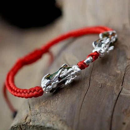 Sterling Silver Thermochromic Pixiu Lucky Buddhist Rope Bracelet